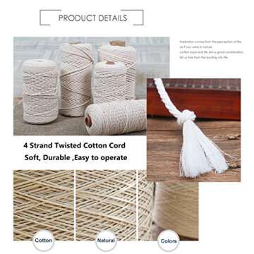 Macrame Cord Cotton Rope 4mm 100m 1 Pack Beige,Natural Cotton Cord 4 Strand Twisted Macrame Twine fo...
