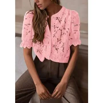 PRETTYGARDEN Womens Summer Lace Tops Short Puff Sleeve Casual Dressy Blouses Eyelet Crew Neck Button Down Shirts (Pink,X-Large)