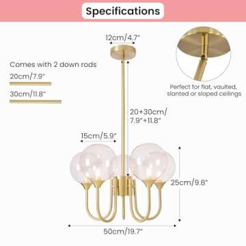 Axamate Pink Bubble Chandelier 20 inch 5 Lights, Mid Century Modern Gold Lighting Fixture Glass Sputnik Pendant Hanging Ceiling Light Castle Chandeliers for Girls Dining Living Room Bedroom Kitchen