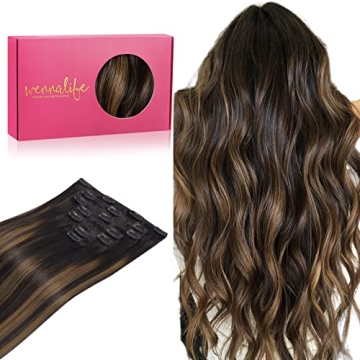 WENNALIFE Clip in Human Hair Extensions, 20 Inch 120g 7pcs Natural Black to Chestnut Brown Balayage ...