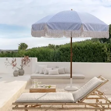 AMMSUN 7ft Patio Umbrella with Fringe Outdoor Tassel Umbrella UPF50+ Premium Steel Pole and Ribs Push Button Tilt, Navy Blue Stripes