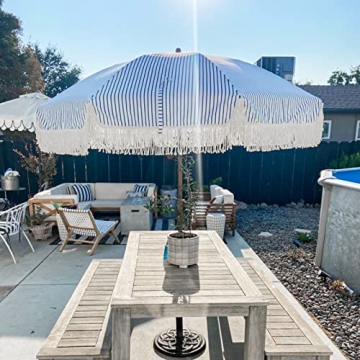 AMMSUN 7ft Patio Umbrella with Fringe Outdoor Tassel Umbrella UPF50+ Premium Steel Pole and Ribs Push Button Tilt, Navy Blue Stripes