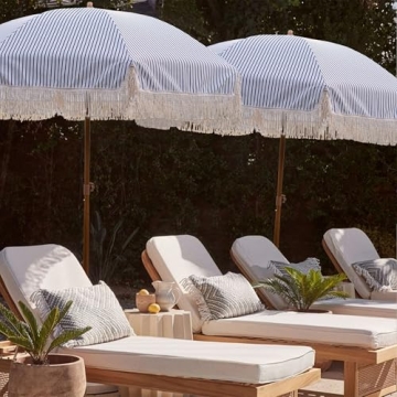 AMMSUN 7ft Patio Umbrella with Fringe Outdoor Tassel Umbrella UPF50+ Premium Steel Pole and Ribs Push Button Tilt, Navy Blue Stripes