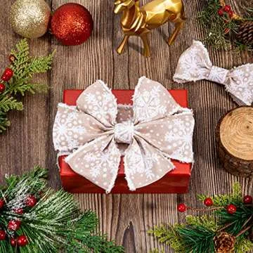 Whaline Winter Snowflake Wired Edge Ribbon 2.5 Inch Christmas White Snowflake Ribbon with Burr Soft Rustic Natural Craft Ribbon Decorative Ribbon for Gift Wrapping DIY Floral Arrangement Bow, 10 Yard