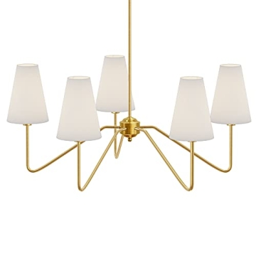 Electro bp;30" Dia 5-Arm Classic Chandeliers Polished Gold with White Linen Shades,Ceiling Light Fixture for Dining Room,Living Room,Entryway,E12,200W