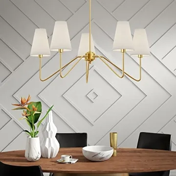 Electro bp;30" Dia 5-Arm Classic Chandeliers Polished Gold with White Linen Shades,Ceiling Light Fixture for Dining Room,Living Room,Entryway,E12,200W