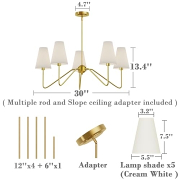 Electro bp;30" Dia 5-Arm Classic Chandeliers Polished Gold with White Linen Shades,Ceiling Light Fixture for Dining Room,Living Room,Entryway,E12,200W