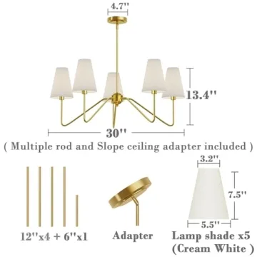 Electro bp;30" Dia 5-Arm Classic Chandeliers Polished Gold with White Linen Shades,Ceiling Light Fixture for Dining Room,Living Room,Entryway,E12,200W
