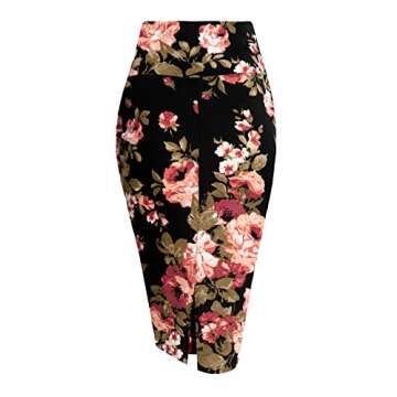 MINEFREE Women's Premium High Waist Nylon Ponte Stretch Office Pencil Skirt Floral Flower FLBLACK 1XL