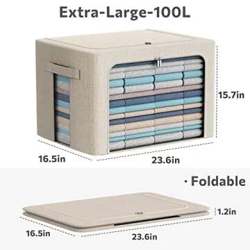 Extra Large Clothes Storage Bins - Linen Fabric Foldable Stackable Container Organizer Set with Clear Window & Carry Handles & Metal Frame - 2Pack Large Capacity for Bedding, Blankets, Books