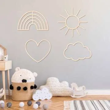 4 Pieces Boho Nursery Cloud Star Wall Decor Wooden Babyroom Moon Rattan Wall Decor Wooden Rainbow for Children Baby Kids Boys Girls Bedroom Nursery Pendant(Cloud Rainbow Sun Heart)