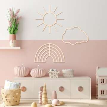 4 Pieces Boho Nursery Cloud Star Wall Decor Wooden Babyroom Moon Rattan Wall Decor Wooden Rainbow for Children Baby Kids Boys Girls Bedroom Nursery Pendant(Cloud Rainbow Sun Heart)