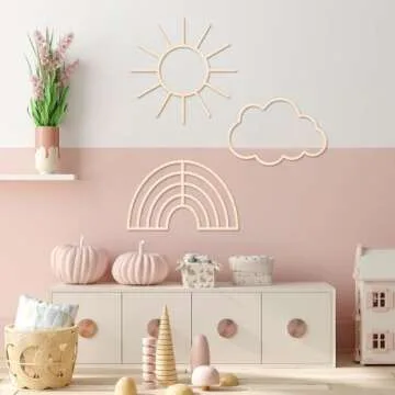 4 Pieces Boho Nursery Cloud Star Wall Decor Wooden Babyroom Moon Rattan Wall Decor Wooden Rainbow for Children Baby Kids Boys Girls Bedroom Nursery Pendant(Cloud Rainbow Sun Heart)