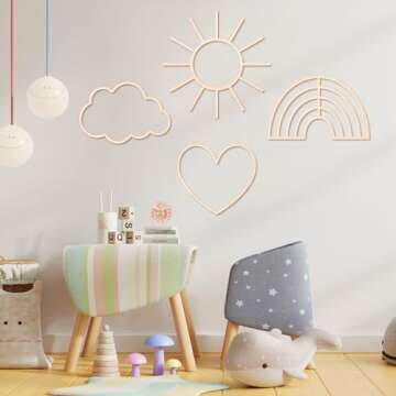 4 Pieces Boho Nursery Cloud Star Wall Decor Wooden Babyroom Moon Rattan Wall Decor Wooden Rainbow for Children Baby Kids Boys Girls Bedroom Nursery Pendant(Cloud Rainbow Sun Heart)