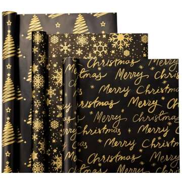 WRAPAHOLIC Foil Black Gold Christmas Wrapping Paper Roll - Mini Roll - 3 Rolls - 17 Inch x 120 Inch ...