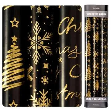 WRAPAHOLIC Foil Black Gold Christmas Wrapping Paper Roll - Mini Roll - 3 Rolls - 17 Inch x 120 Inch Per roll - Snowflake, Christmas Tree, Merry Christmas Design for Christmas, Holiday, Party
