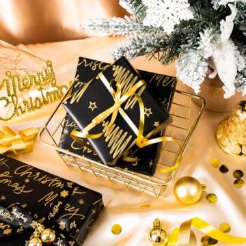 WRAPAHOLIC Foil Black Gold Christmas Wrapping Paper Roll - Mini Roll - 3 Rolls - 17 Inch x 120 Inch Per roll - Snowflake, Christmas Tree, Merry Christmas Design for Christmas, Holiday, Party