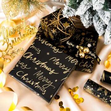 WRAPAHOLIC Foil Black Gold Christmas Wrapping Paper Roll - Mini Roll - 3 Rolls - 17 Inch x 120 Inch Per roll - Snowflake, Christmas Tree, Merry Christmas Design for Christmas, Holiday, Party