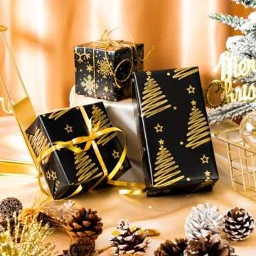 WRAPAHOLIC Foil Black Gold Christmas Wrapping Paper Roll - Mini Roll - 3 Rolls - 17 Inch x 120 Inch Per roll - Snowflake, Christmas Tree, Merry Christmas Design for Christmas, Holiday, Party