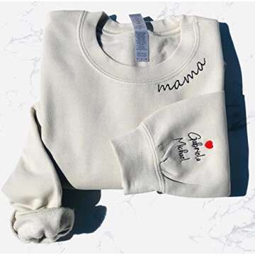 NAZENTI Custom Mama Embroidered Sweatshirt With Kids Names Sleeve-New Mom Personalized, Mama Sweatshirt Women Embroidery Mom Life, Birthday Christmas Mom Mama Mommy