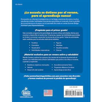 Summer Bridge Activities Spanish Kindergarten to 1st Grade Workbooks, K-1 Activity Book With Math, R...
