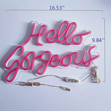 Motivational Neon Signs Hello Gorgeous Pink Inspirational Quotes with Dimmer Switch for Badroom, Home, Mirrors. Makeup Table, Decoration by DIVATLA…