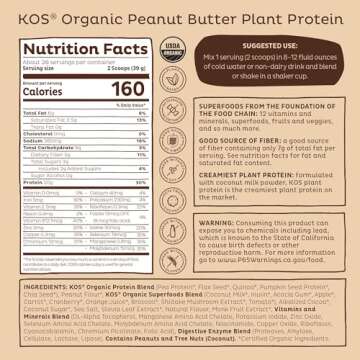 KOS Organic Plant Based Protein Powder, Chocolate Peanut Butter - Delicious Vegan Protein Powder Meal Replacement - Keto Friendly, Gluten Free, Dairy Free & Soy Free - 2.4 lbs, 28 Servings