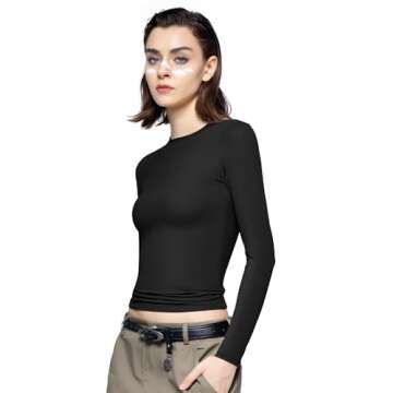 PUMIEY Long Sleeve Shirts for Women Slim Fit Tops Fall Fashion Basic Tee, Jet Black X-Large
