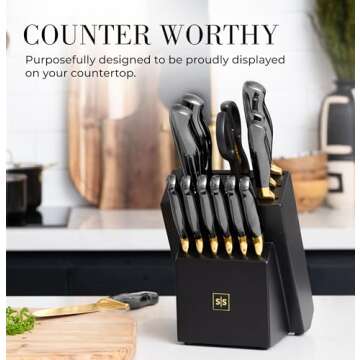 Black and Gold Knife Set with Block and Sharpener – 14-Piece Full Tang Golden Knives with Self-Sha...