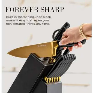 Black and Gold Knife Set with Block and Sharpener – 14-Piece Full Tang Golden Knives with Self-Sharpening Knife Block – Gold Kitchen Accessories for Cooking and Prepping; Ideal for Gifting