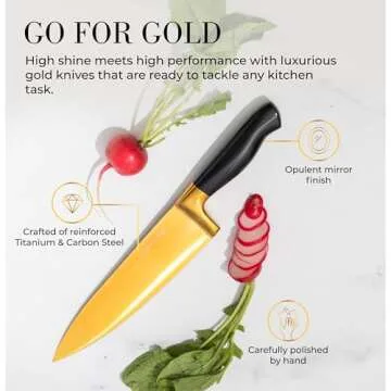 Black and Gold Knife Set with Block and Sharpener – 14-Piece Full Tang Golden Knives with Self-Sharpening Knife Block – Gold Kitchen Accessories for Cooking and Prepping; Ideal for Gifting