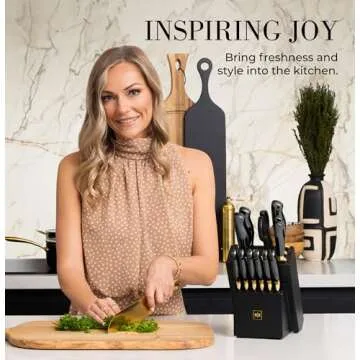 Black and Gold Knife Set with Block and Sharpener – 14-Piece Full Tang Golden Knives with Self-Sharpening Knife Block – Gold Kitchen Accessories for Cooking and Prepping; Ideal for Gifting