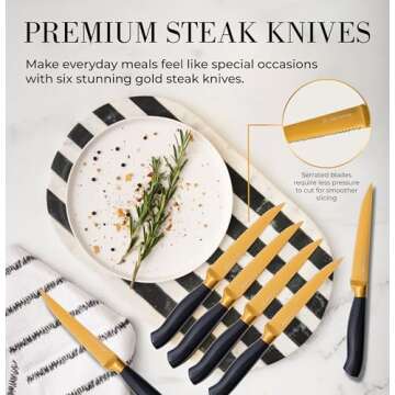 Black and Gold Knife Set with Block and Sharpener – 14-Piece Full Tang Golden Knives with Self-Sharpening Knife Block – Gold Kitchen Accessories for Cooking and Prepping; Ideal for Gifting