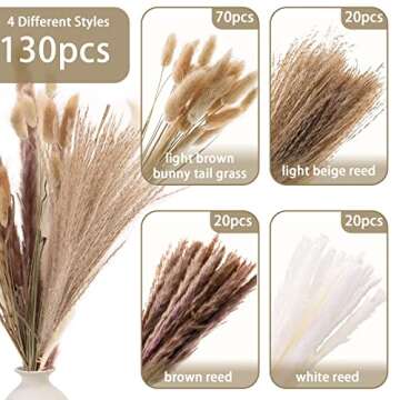 DomeStar 130PCS Pampas Grass Decor, 18 inch Dried Pampas Grass Contains White Natural Bunny Tail Gra...