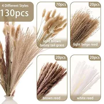 DomeStar 130PCS Pampas Grass Decor, 18 inch Dried Pampas Grass Contains White Natural Bunny Tail Gra...
