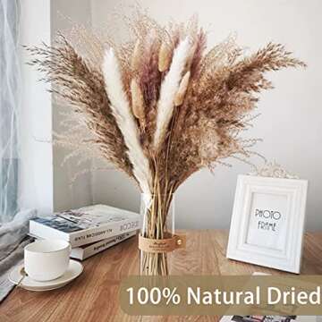 DomeStar 130PCS Pampas Grass Decor, 18 inch Dried Pampas Grass Contains White Natural Bunny Tail Grass, Boho Bouquet Decor for Home Table Vase Rustic Farmhouse Decor, Fall Decor Wedding Decorations