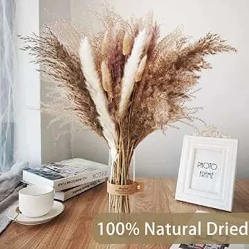 DomeStar 130PCS Pampas Grass Decor, 18 inch Dried Pampas Grass Contains White Natural Bunny Tail Grass, Boho Bouquet Decor for Home Table Vase Rustic Farmhouse Decor, Fall Decor Wedding Decorations