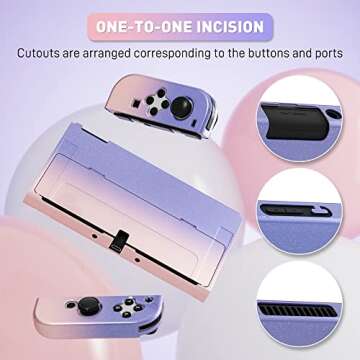 RHOTALL Glitter Gradient Color Shell Compatible with Nintendo Switch OLED, Hard Protective Cover Case for Switch OLED and Joycon Controller with 2 Glitter Cat Paw Thumb Cap (Pink-Purple)