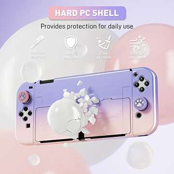 RHOTALL Glitter Gradient Color Shell Compatible with Nintendo Switch OLED, Hard Protective Cover Case for Switch OLED and Joycon Controller with 2 Glitter Cat Paw Thumb Cap (Pink-Purple)