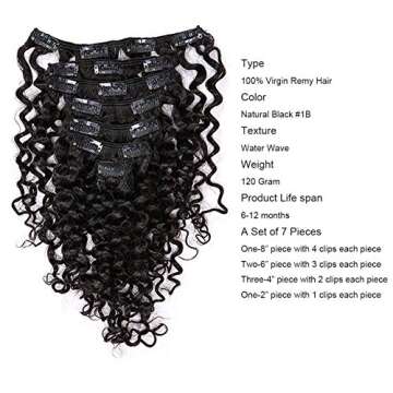 Anrosa Water Wave Clip in Hair Extensions Human Curly Hair Natural Black 1B Double Weft for Black Wo...