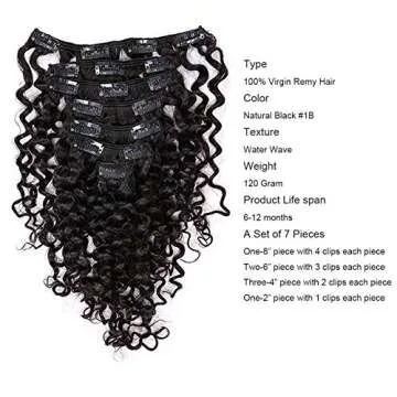 Anrosa Water Wave Clip in Hair Extensions Human Curly Hair Natural Black 1B Double Weft for Black Wo...