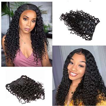 Anrosa Water Wave Clip in Hair Extensions Human Curly Hair Natural Black 1B Double Weft for Black Women, Wave, 20 Inch 120 Gram