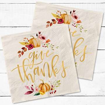 xo, Fetti Thanksgiving Gold Foil Napkins - 50 count | Give Thanks Decorations, 5 x 5 inches, 3ply, A...