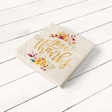xo, Fetti Thanksgiving Gold Foil Napkins - 50 count | Give Thanks Decorations, 5 x 5 inches, 3ply, Autumn Leaves, Pumpkins, Fall Table Decor