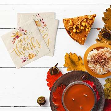xo, Fetti Thanksgiving Gold Foil Napkins - 50 count | Give Thanks Decorations, 5 x 5 inches, 3ply, Autumn Leaves, Pumpkins, Fall Table Decor