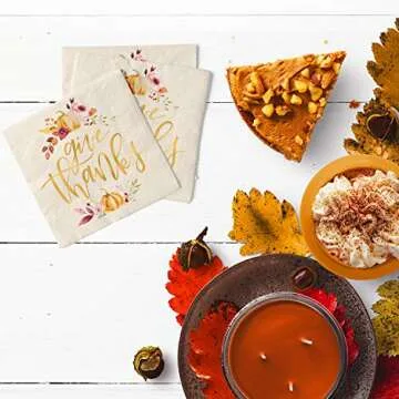 xo, Fetti Thanksgiving Gold Foil Napkins - 50 count | Give Thanks Decorations, 5 x 5 inches, 3ply, Autumn Leaves, Pumpkins, Fall Table Decor