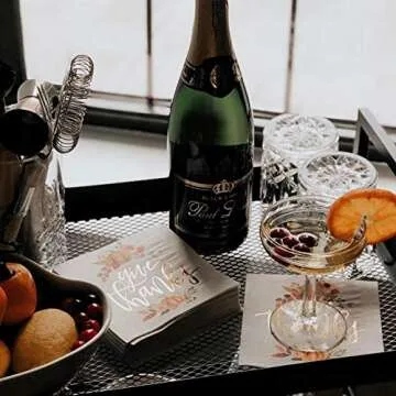 xo, Fetti Thanksgiving Gold Foil Napkins - 50 count | Give Thanks Decorations, 5 x 5 inches, 3ply, Autumn Leaves, Pumpkins, Fall Table Decor