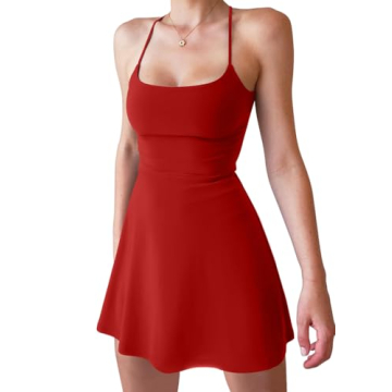 HYZ Women's Casual Athletic Scoop Neck Spaghetti Strap Tennis Mini Dress with Shorts
