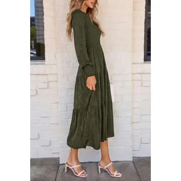 PRETTYGARDEN Women's Fall Spring Midi Dress Long Sleeve Floral Smocked Elegant Wedding Guest Long Flowy Dresses with Pockets (Army Green,XX-Large)