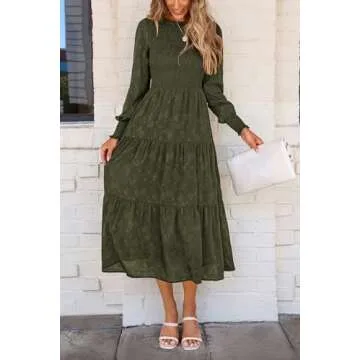 PRETTYGARDEN Women's Fall Spring Midi Dress Long Sleeve Floral Smocked Elegant Wedding Guest Long Flowy Dresses with Pockets (Army Green,XX-Large)
